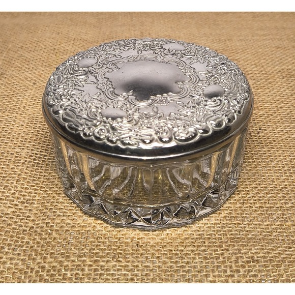 Other - Vintage Godinger Silver Plate Lid Glass Jewelry Trinket Box Powder Puff Bowl